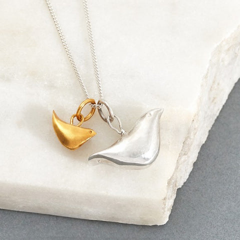 Mother and Baby Bird Necklace in Silver and Gold