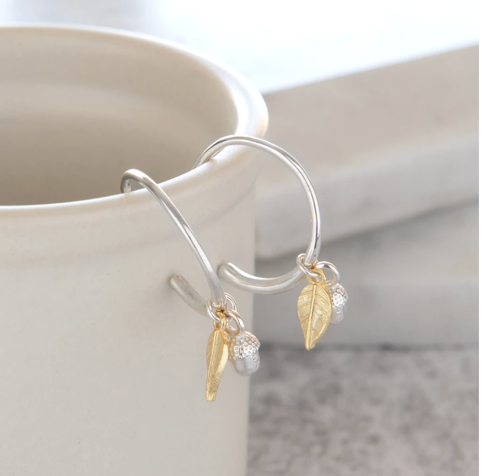Hoop Earrings Silver Acorn Gold Leaf